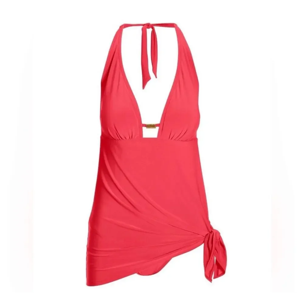 Halter Coral Swim Dress with Plunge Neck and Side Tie